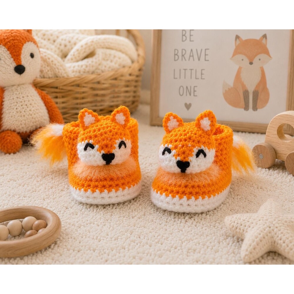 Crochet Fox Baby Booties, Woodland Felt Lined Slippers (0-3 Months)